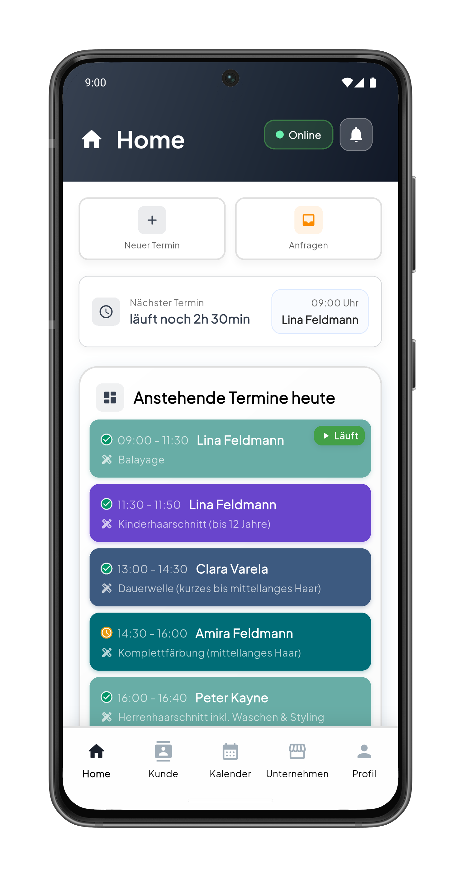 Homepage mit den heutigen Terminen